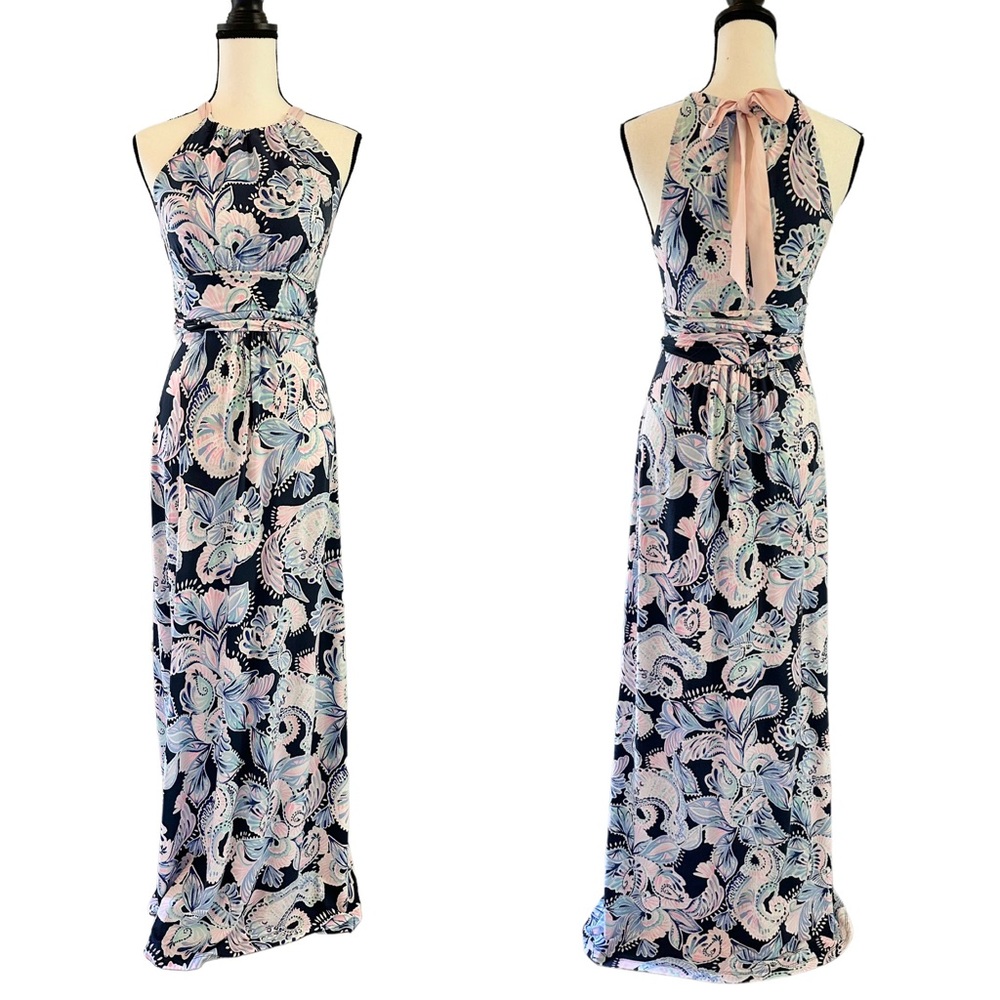 Lilly Pulitzer Martina Maxi Dress Holy Flockamole Blue Pink Floral XS